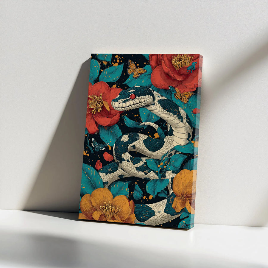Snake Floral Canvas Wall Art | Dark Botanical Serpent with Butterflies | Premium Gallery Wrap 1.25 Inch | Moody Maximalist Home Decor Gift