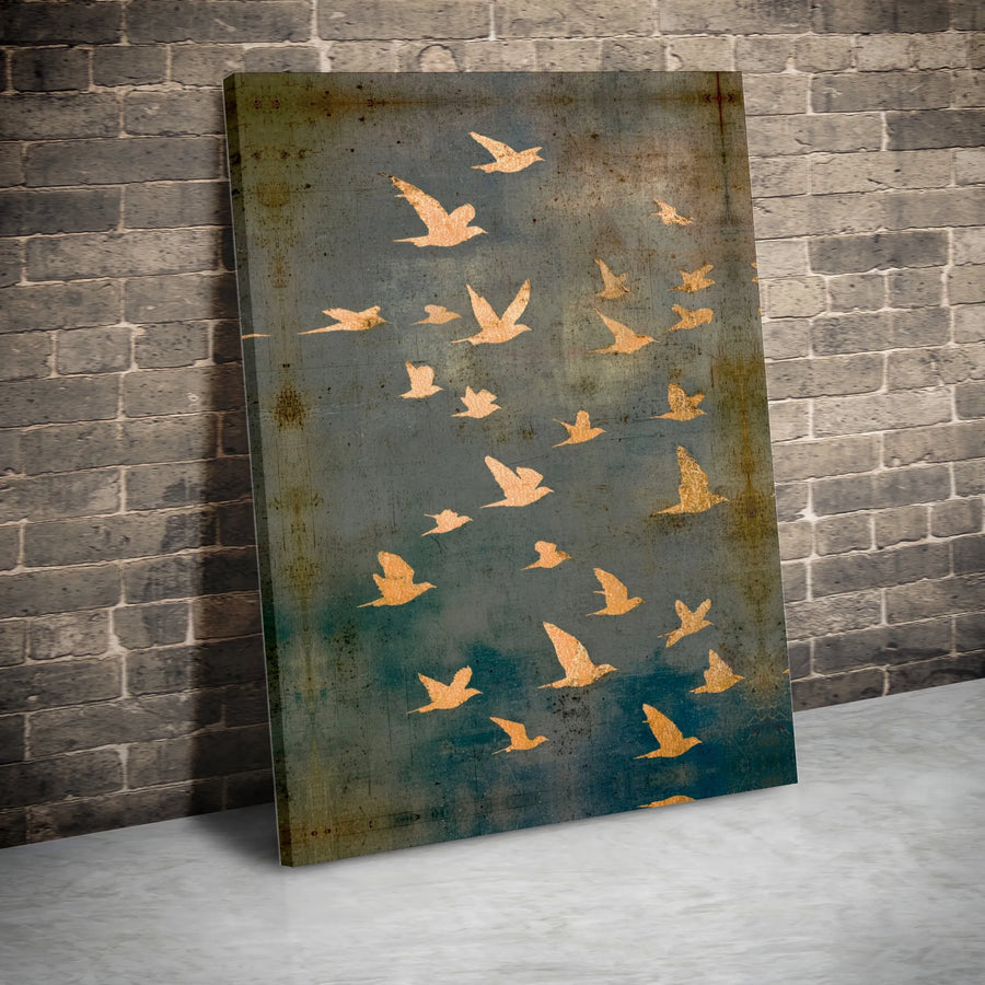 Golden Birds Wall Art | Flock of Birds Canvas Print | Premium Rustic Blue Home Decor | Abstract Nature Gallery Wrap Gift