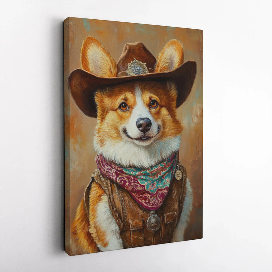 Cowboy Corgi Canvas Wall Art | Western Sheriff Dog Portrait | Premium Stretched Gallery Wrap | Unique Dog Lover Gift Decor