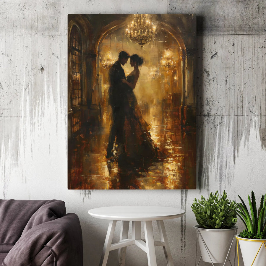Romantic Ballroom Dance Canvas Print | Elegant Couple Golden Chandelier Art | Premium Gallery-Wrapped Wall Decor | Anniversary Gift for Couple