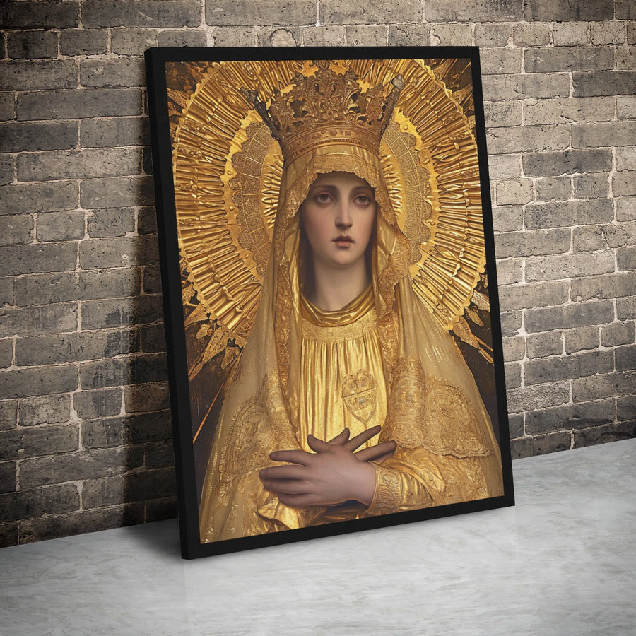 Virgin Mary Wall Art | Golden Crowned Madonna Portrait | Premium Gallery Wrapped Canvas | Religious Home Decor Gift