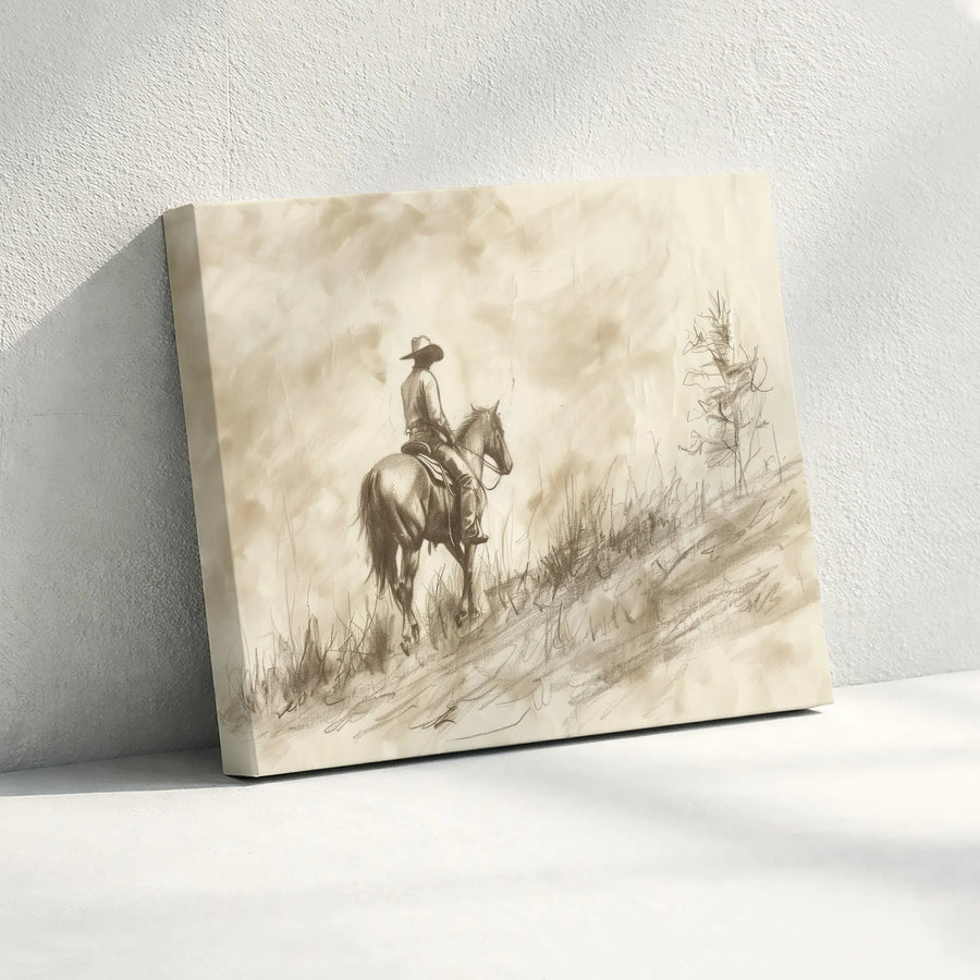 Western Cowboy Horseback Wall Art | Vintage Pencil Sketch Print | Gallery-Quality 1.25" Canvas | Rustic Farmhouse Home Decor Gift