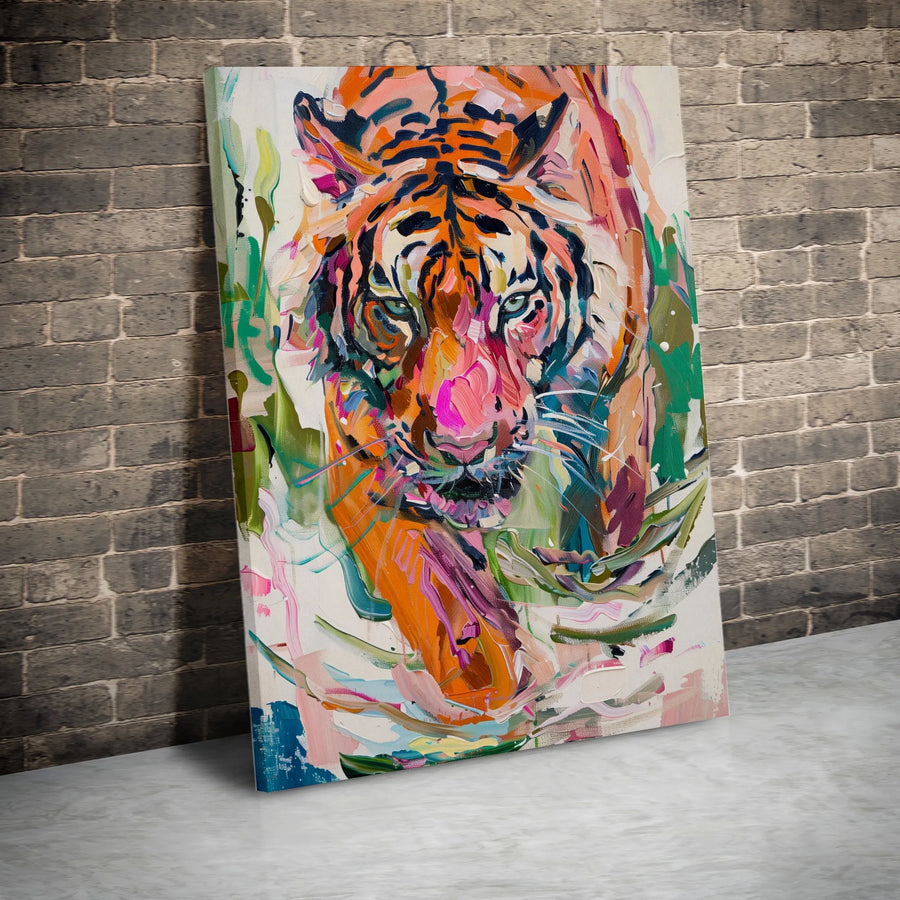 Colorful Tiger Canvas Art | Abstract Impasto Oil Painting Style | Premium Gallery Wrap Print | Modern Wildlife Home Decor Gift