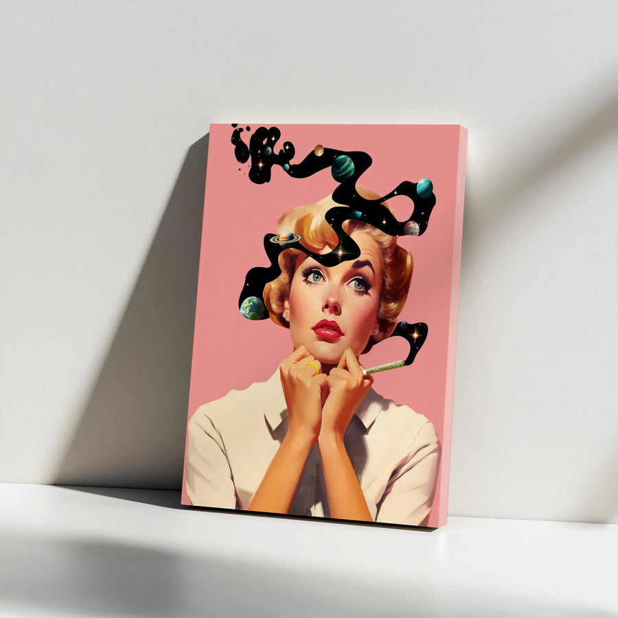 Cosmic Daydream Wall Art | Vintage Pop Art Woman with Galaxy Thoughts | Premium Thick Gallery Canvas | Eclectic Home Decor Gift