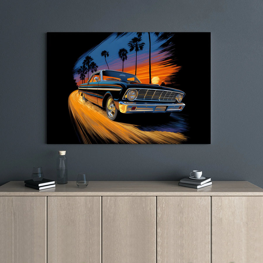 Vintage Classic Car Wall Art | Retro Sunset Palm Trees Canvas Print | 1.25-Inch Gallery Wrap | Gift for Car Enthusiast