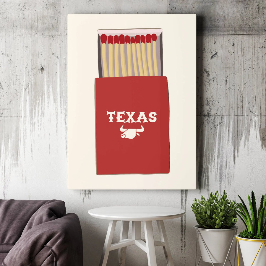 Texas Matchbox Wall Art | Vintage Longhorn Steer Graphic Print | 1.25" Premium Gallery Canvas | Western Home Decor Gift for Cowgirl