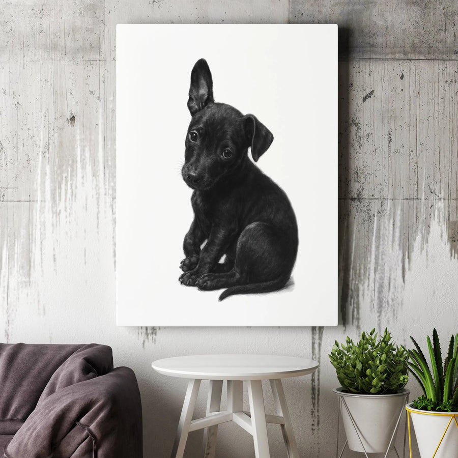 Black Puppy Canvas Wall Art | Realistic Charcoal Drawing Print | Premium Gallery-Wrapped Decor | Cute Dog Gift for Animal Lovers