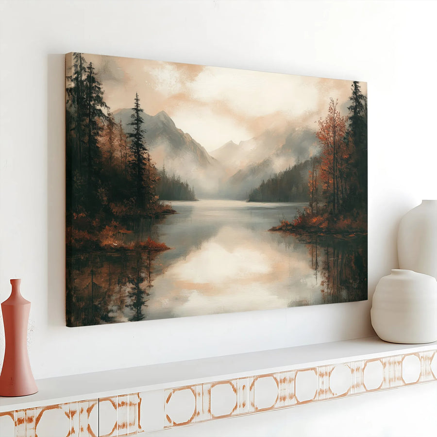 Misty Mountain Lake Canvas Wall Art | Vintage Landscape Oil Painting Print | Thick Gallery Wrapped Canvas | Premium Gift for Nature Lover