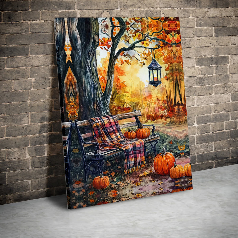 Autumn Park Bench Canvas Art | Watercolor Fall Pumpkin Lantern Print | Premium 1.25-Inch Gallery Wrap | Cozy Seasonal Home Decor Gift