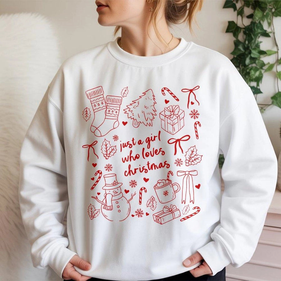 Christmas Sweatshirt | Just A Girl Who Loves Christmas Graphic | Cozy Cotton Blend Holiday Apparel | Gift For Women & Christmas Party Outfit