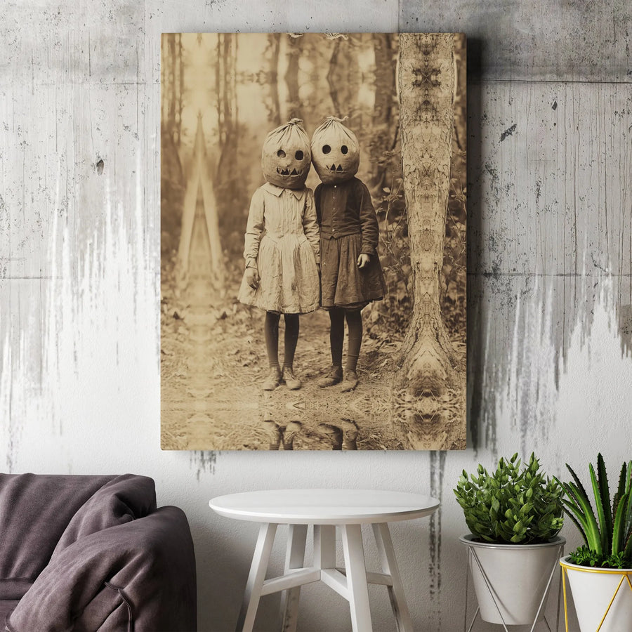 Creepy Vintage Halloween Canvas Print | Spooky Pumpkin Head Kids Art | Premium Gallery Canvas | Gothic Home Decor Gift for Horror Fans