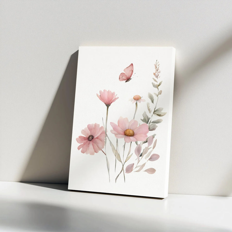 Watercolor Floral Canvas Wall Art | Minimalist Pink Cosmos Flower & Butterfly Print | Premium Gallery Wrapped Canvas | Modern Home Decor Gift