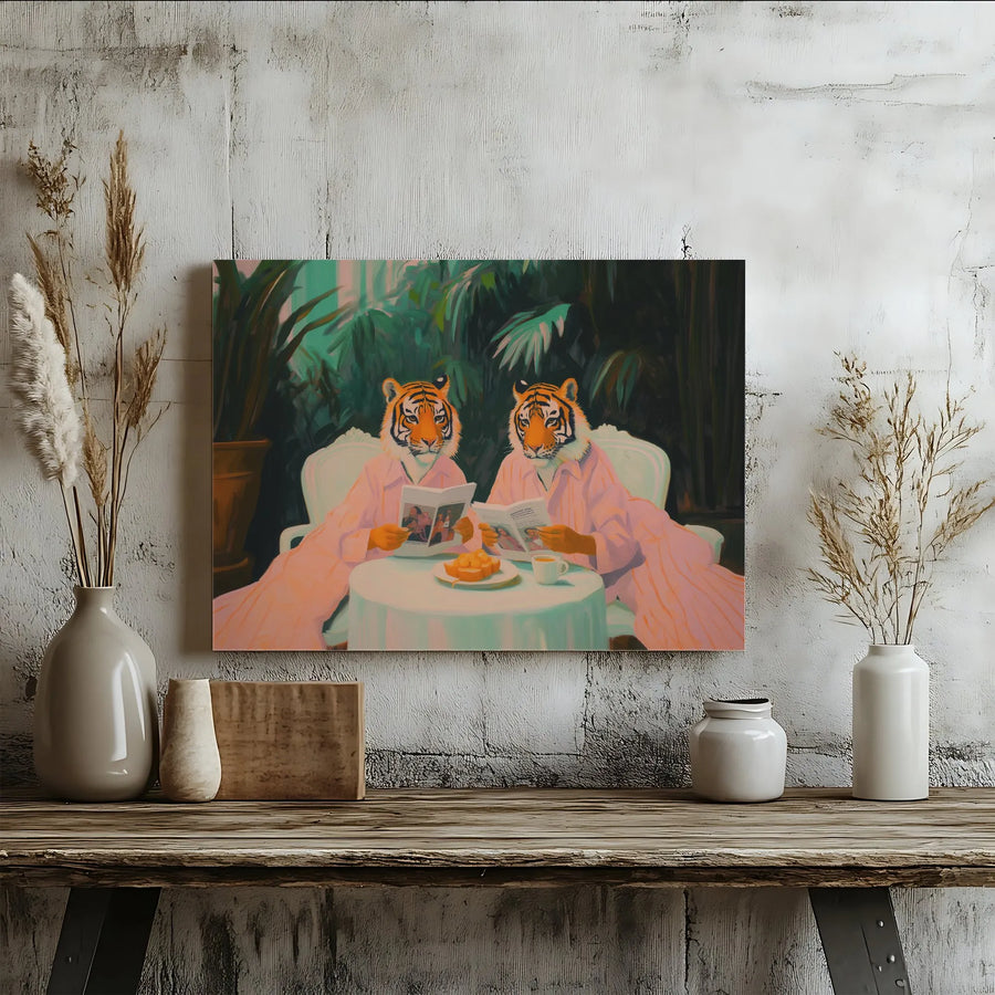 Tiger Couple Canvas Print | Whimsical Tigers in Pajamas Art | Premium Gallery Wrap | Eclectic Home Decor Gift