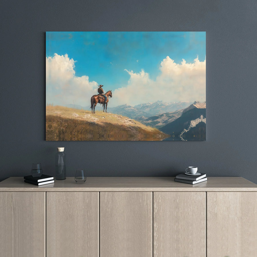 Western Cowboy Canvas Print | Horse Rider Mountain Landscape Art | 1.25 Inch Gallery Wrap | Premium Gift for Nature & Rustic Home Decor