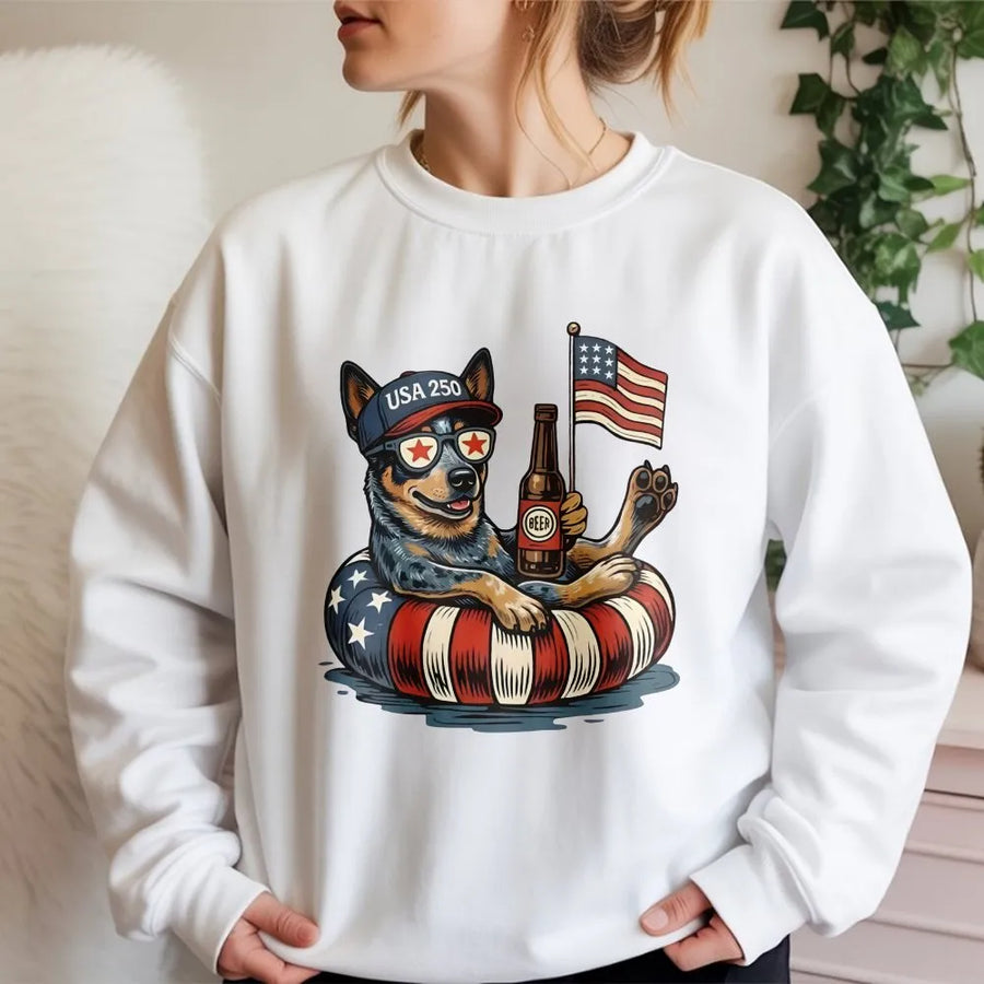 USA 250 Patriotic Dog Sweatshirt | Funny Blue Heeler with American Flag | Soft Cotton Blend | 4th of July Gift for Men and Women
