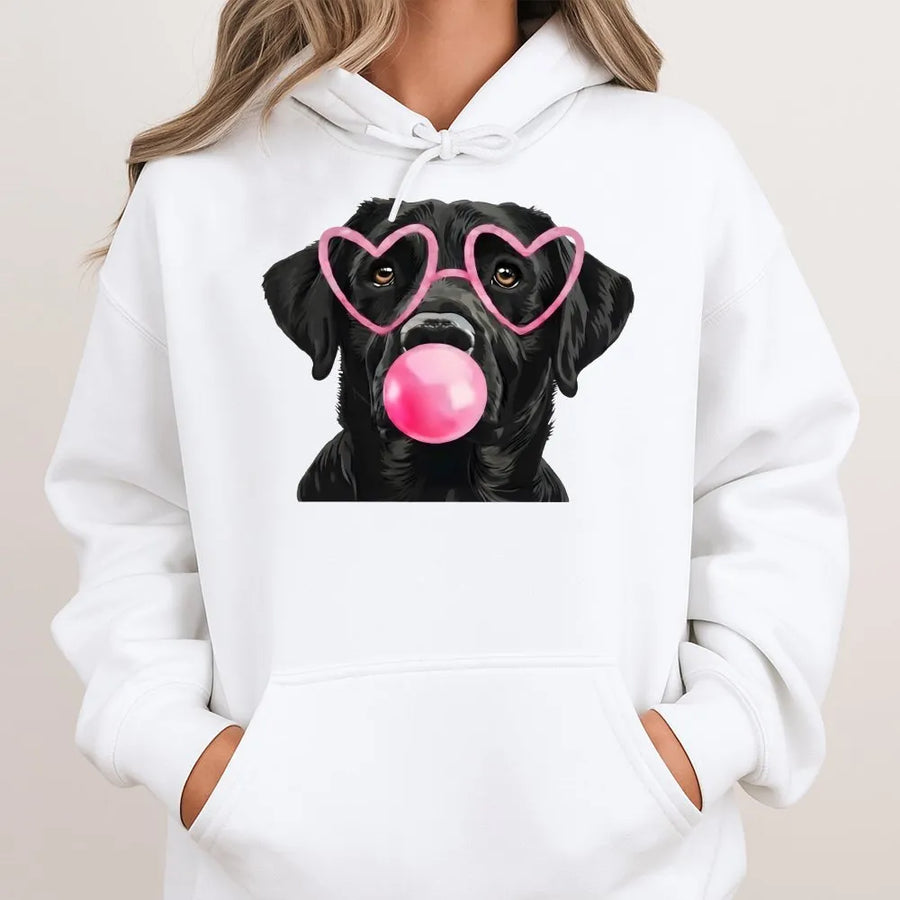 Black Lab Hoodie | Cute Dog Wearing Heart Glasses & Bubble Gum | Premium Cotton Blend | Funny Dog Mom Gift For Women & Animal Lovers