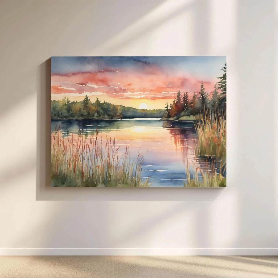 Watercolor Lake Sunset Canvas Print | Nature Landscape Wall Art | Gallery Wrapped Premium Canvas | Serene Home Decor For Living Room Bedroom