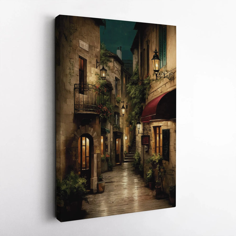 European Street Canvas Wall Art | Cozy Night Alleyway Oil Painting Style | Premium 1.25 inch Gallery Wrap | Atmospheric Home Decor Gift