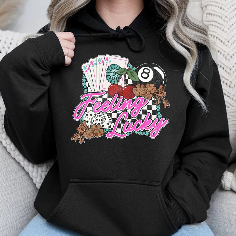 Feeling Lucky Western Hoodie | Retro Checkered Casino Graphic | Premium Cotton Blend | Vintage Cowgirl Rodeo Gift