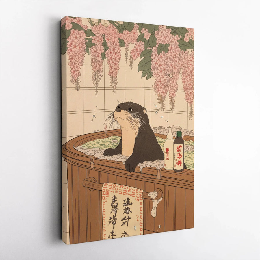Japanese Otter Art Vertical Canvas | Ukiyo-e Style Otter in Onsen Bath | Premium Gallery Wrapped Canvas | Funny Bathroom Wall Art Gift for Animal Lover