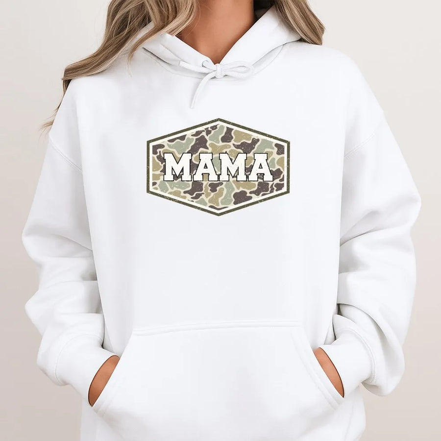 Camo Mama Hoodie | Duck Hunting Camouflage Graphic | Premium Cotton Blend | Gift for Outdoorsy Mom, Hunter Wife
