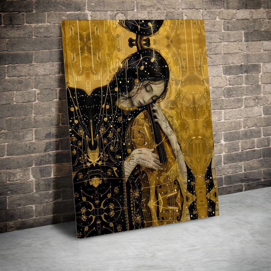 Abstract Cellist Canvas Print | Gold and Black Art Nouveau Inspired Painting | Thick Gallery Wrap Wall Art | Gift for Musician & Music Lover Home Decor