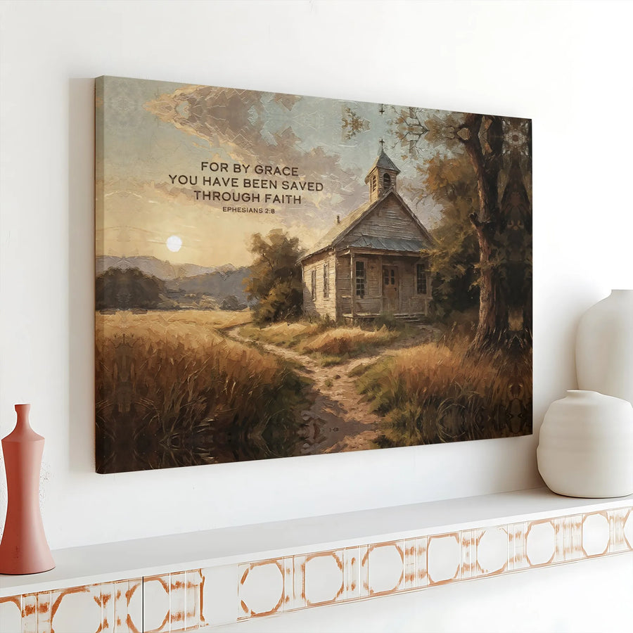 Ephesians 2:8 Bible Verse Wall Art | Rustic Church Landscape Painting | Premium Gallery Wrapped Canvas | Faithful Christian Home Decor Gift
