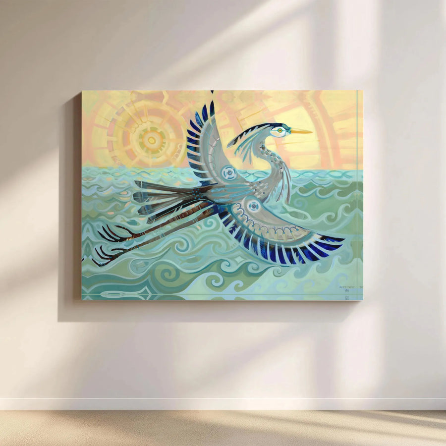 Steampunk Heron Canvas Art | Abstract Coastal Bird Painting Print | Premium Gallery Wrapped Canvas | Nautical Living Room Decor Gift