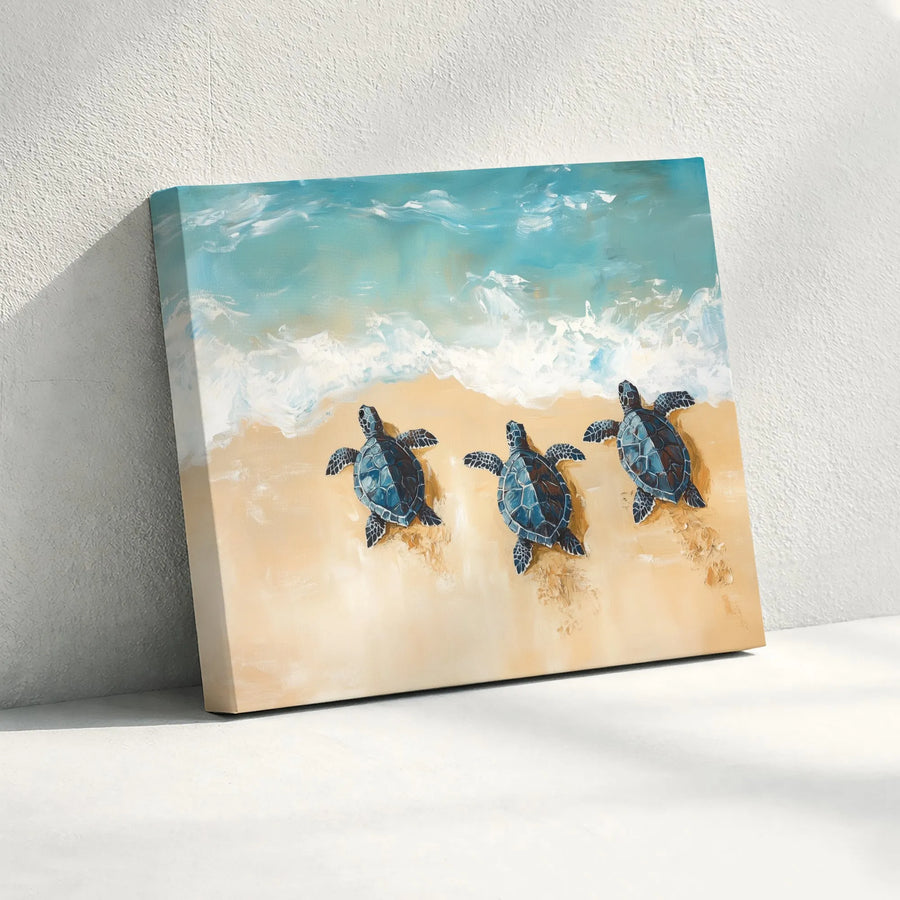 Sea Turtle Canvas Wall Art | Three Turtles on Beach Painting | Premium Gallery Wrapped Canvas | Coastal Home Decor Gift