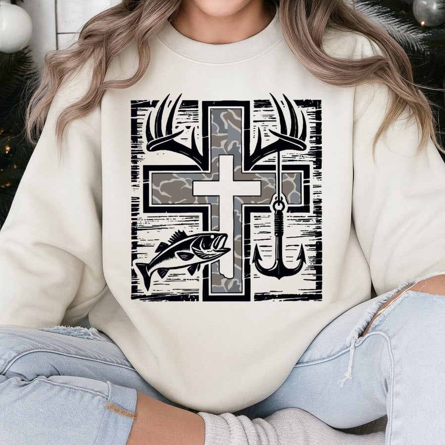 Camo Cross Hunting Fishing Sweatshirt | Deer Antlers and Fish Hook Graphic | Premium Cotton Blend | Faith-Based Outdoor Gift for Men and Women