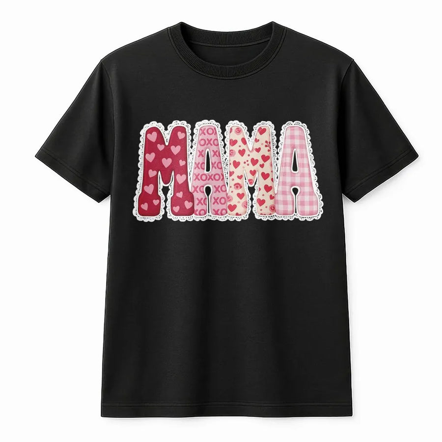 Valentines Mama T-Shirt | Heart Pattern Typography Graphic | 100% Soft Cotton Tee | Cute Mother's Day 2026 Gift for Her