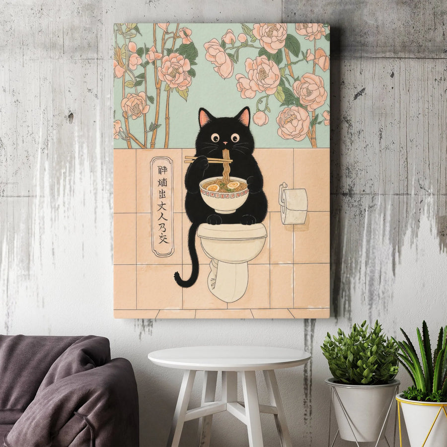 Black Cat Ramen Wall Art | Funny Ukiyo-e Japanese Style Print | 1.25-Inch Premium Gallery Canvas | Quirky Home Decor Gift for Cat Lovers