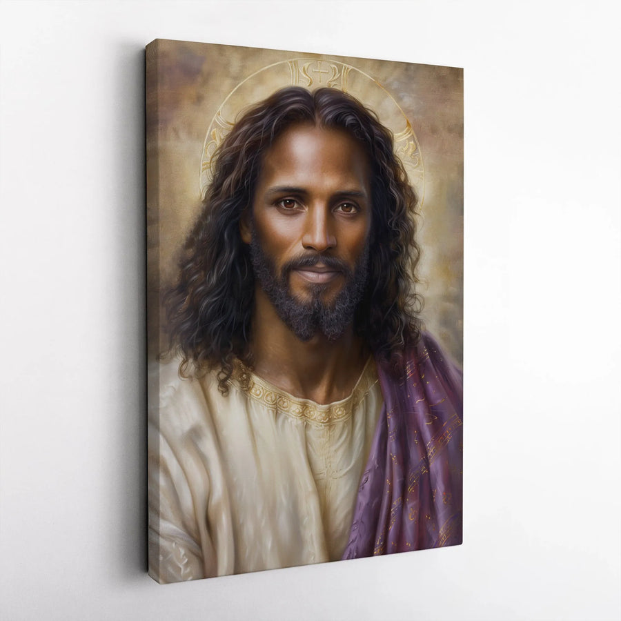 Black Jesus Portrait Canvas Art | Radiant Halo Religious Wall Decor | Premium Fade-Resistant Print | Spiritual Gift for Home or Church