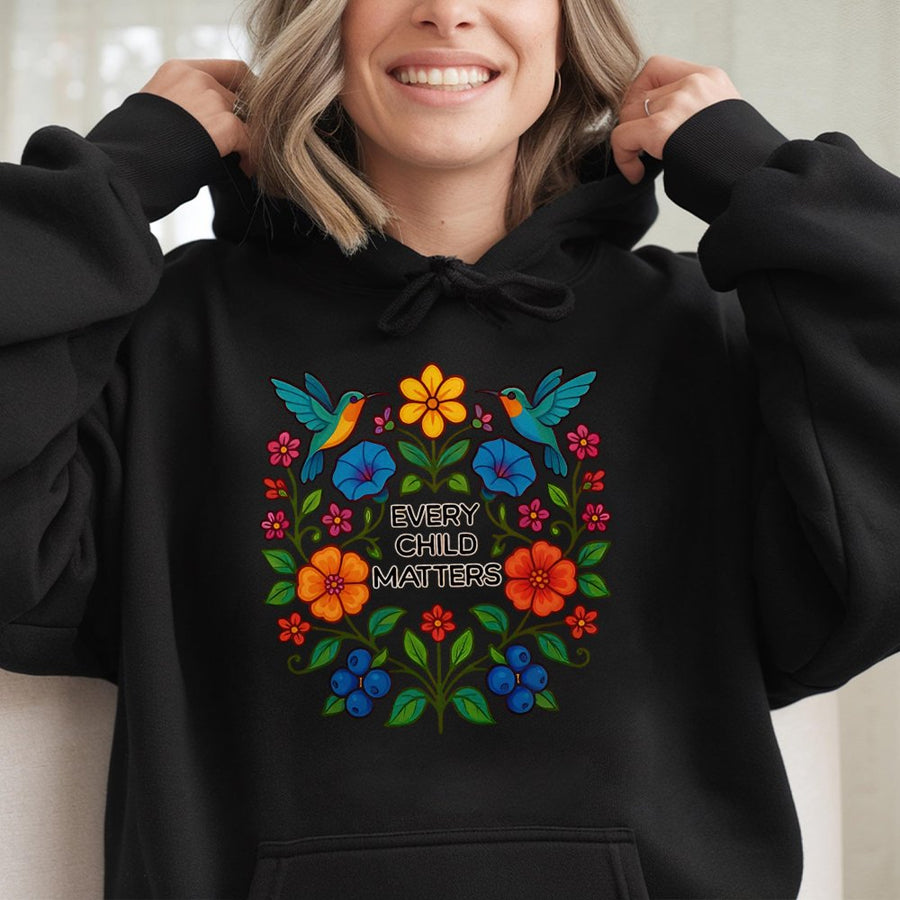 Every Child Matters Hoodie | Floral Hummingbird Indigenous Design | Cotton-Poly Blend Sweatshirt | Orange Shirt Day Awareness Gift