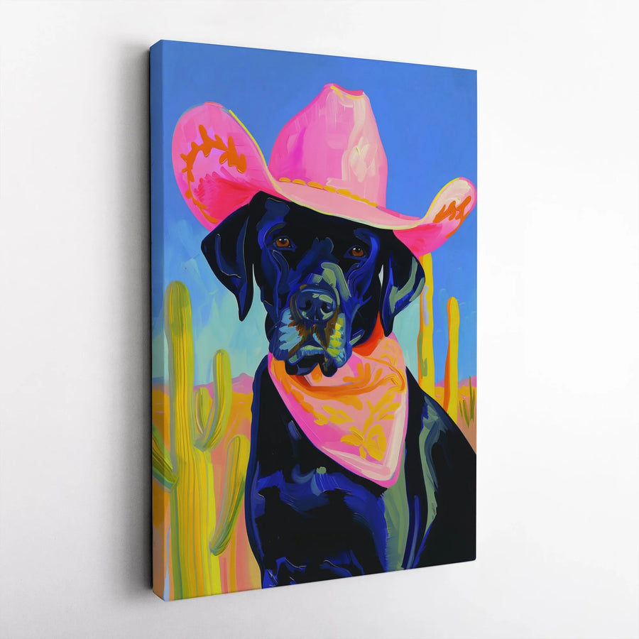 Black Labrador Canvas Wall Art | Pink Cowboy Hat Western Decor | Premium Fade-Resistant Print | Quirky Dog Lover Gift Idea