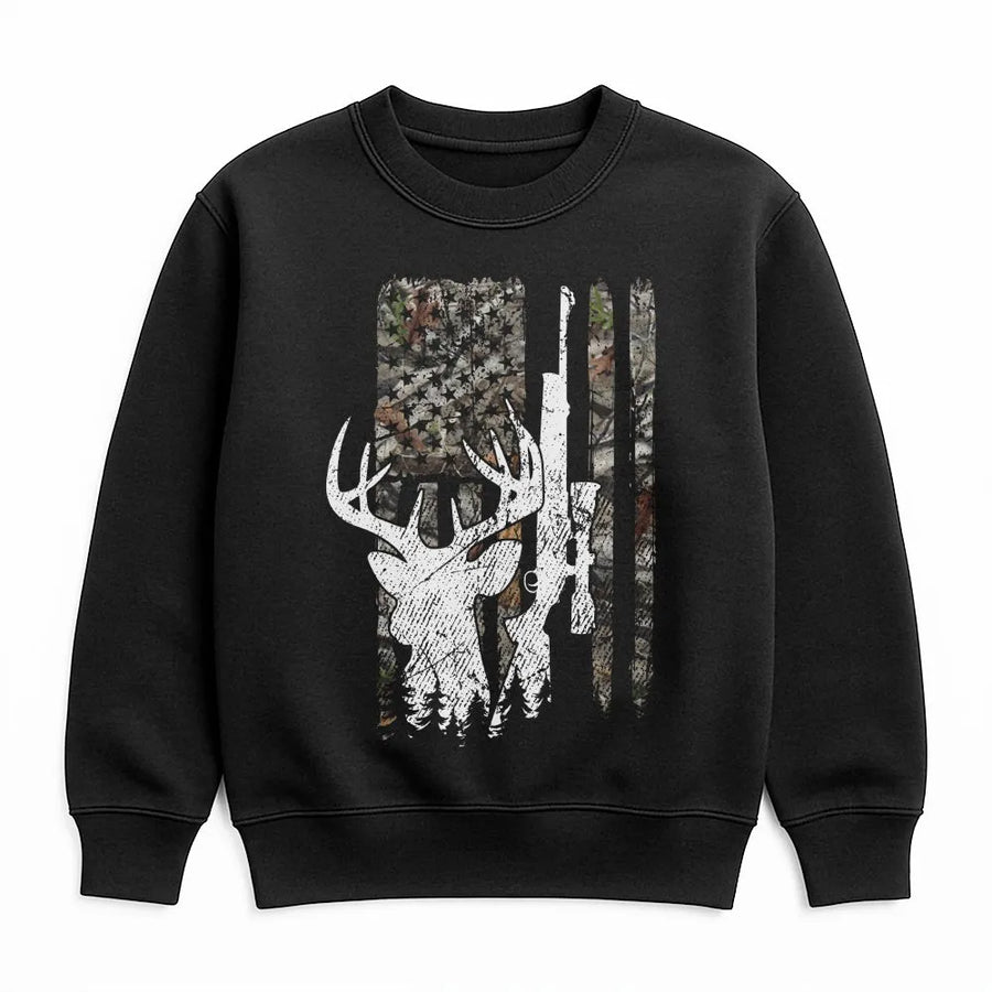 Deer Hunting American Flag Sweatshirt | Distressed Buck Skull Camo Graphic | Premium Cotton Blend | Patriotic Gift for Hunter Dad