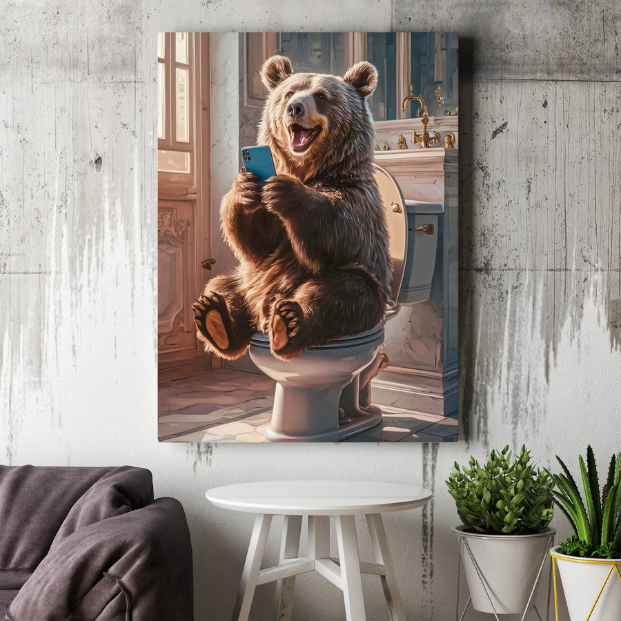 Funny Bear On Toilet Canvas Print | Quirky Bathroom Wall Art | Premium Gallery-Wrapped Decor | Unique Gift For Bathroom Decor Enthusiasts