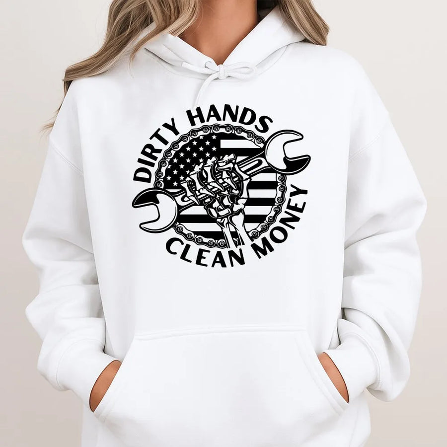 Mechanic Hoodie | Dirty Hands Clean Money American Flag Graphic | Premium Cotton Blend | Gift for Blue Collar Worker Hard Worker