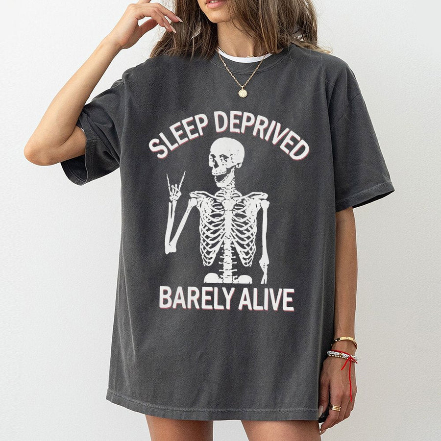 Sleep Deprived Barely Alive T-Shirt | Funny Skeleton Rock Hand Graphic | 100% Cotton Premium Tee | Sarcastic Gift for Tired Adults