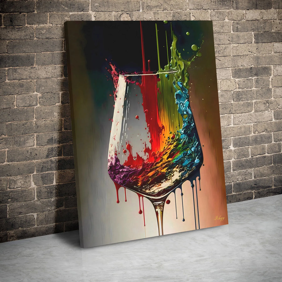 Abstract Wine Glass Canvas Print | Colorful Dripping Paint Wall Art | Premium Gallery Wrapped Decor | Modern Bar & Kitchen Gift