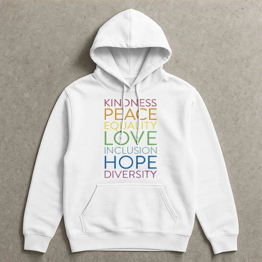 Kindness Equality Hoodie | Rainbow Typography Inspirational Quote | Premium Cotton-Blend Pullover | Unisex Gift for Social Justice Advocate