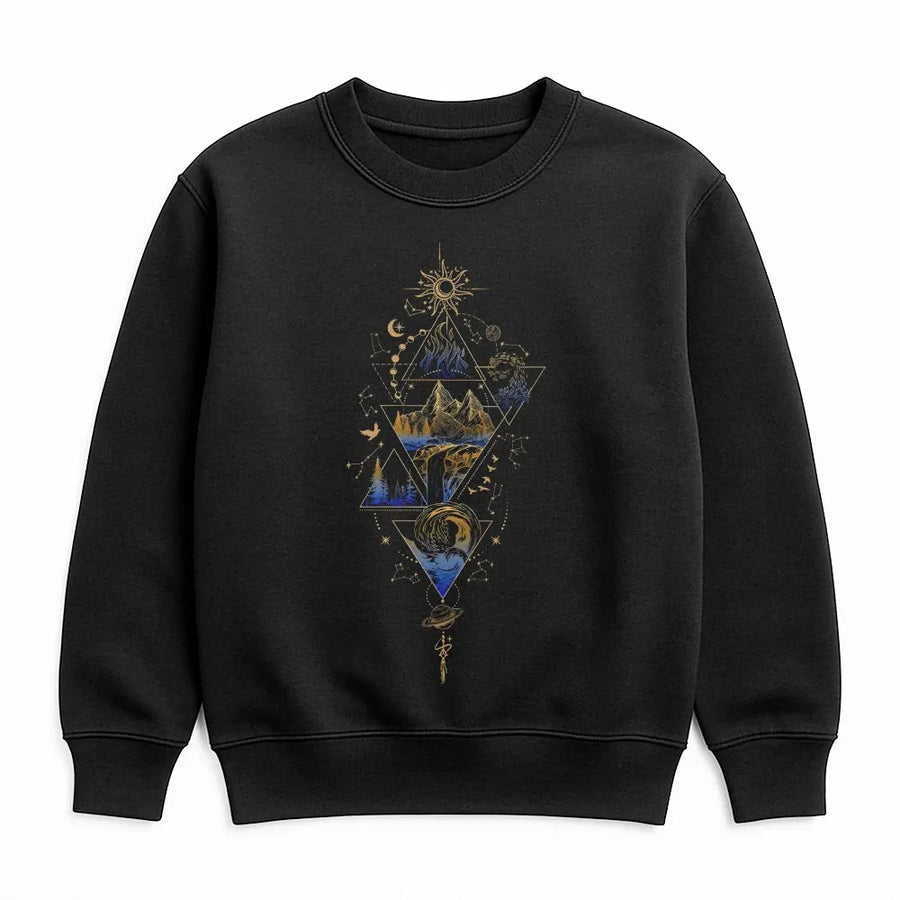 Mystical Elements Sweatshirt | Geometric Sun Moon and Stars Graphic | Premium Unisex Crewneck | Spiritual Boho Apparel Gift