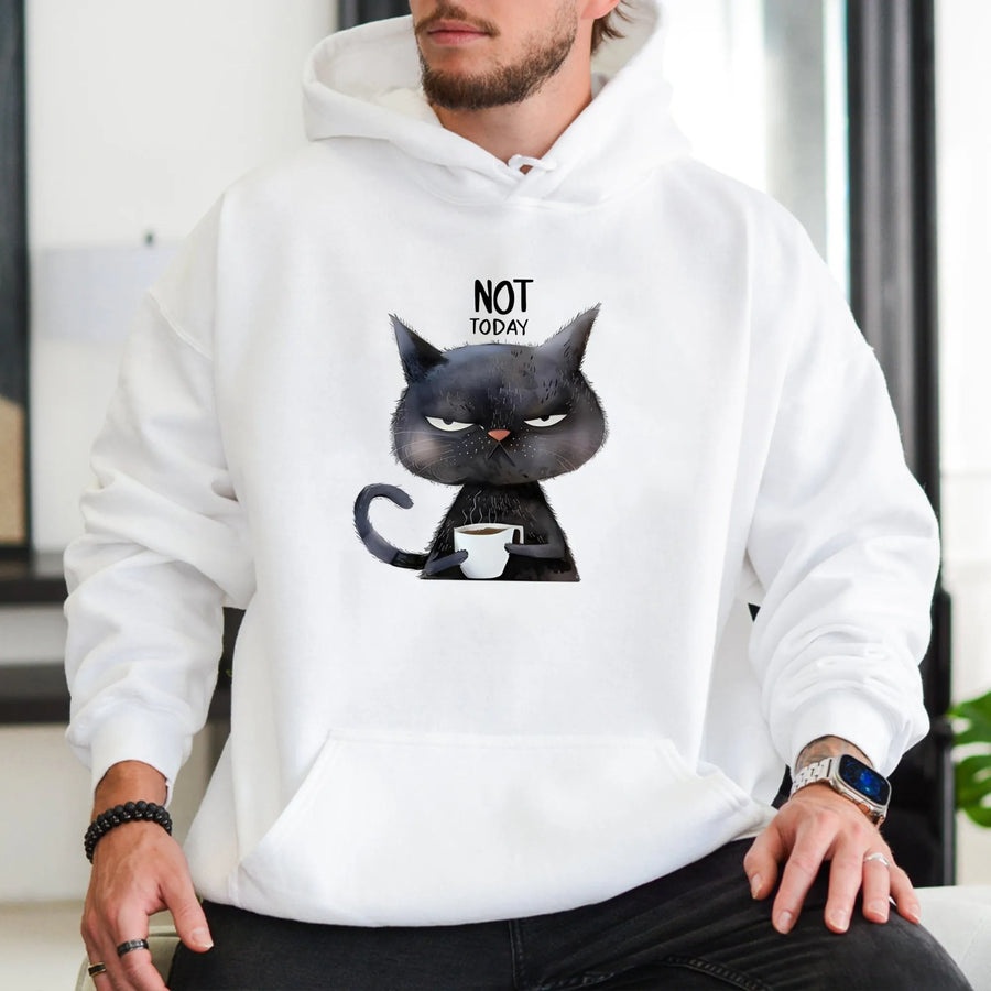 Not Today Cat Hoodie | Funny Grumpy Kitten Coffee Meme Design | Premium Cotton Blend Unisex Sweatshirt | Cute Animal Lover Gift For Her