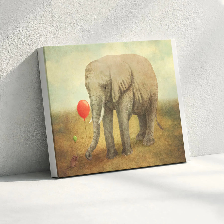 Elephant and Mouse Canvas Wall Art | Whimsical Friendship with Red Balloon | Premium Gallery Canvas Print | Nursery Wall Decor Gift for Kids