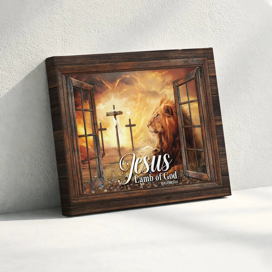 Jesus Lamb of God Canvas Wall Art | Lion and Lamb Rustic Window Scene | Premium Fade-Resistant Print | Inspirational Christian Home Decor Gift