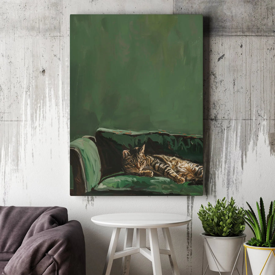 Sleeping Tabby Cat Wall Art | Impressionist Green Couch Painting | Premium Gallery-Wrapped Canvas | Cozy Home Decor Gift for Cat Lovers