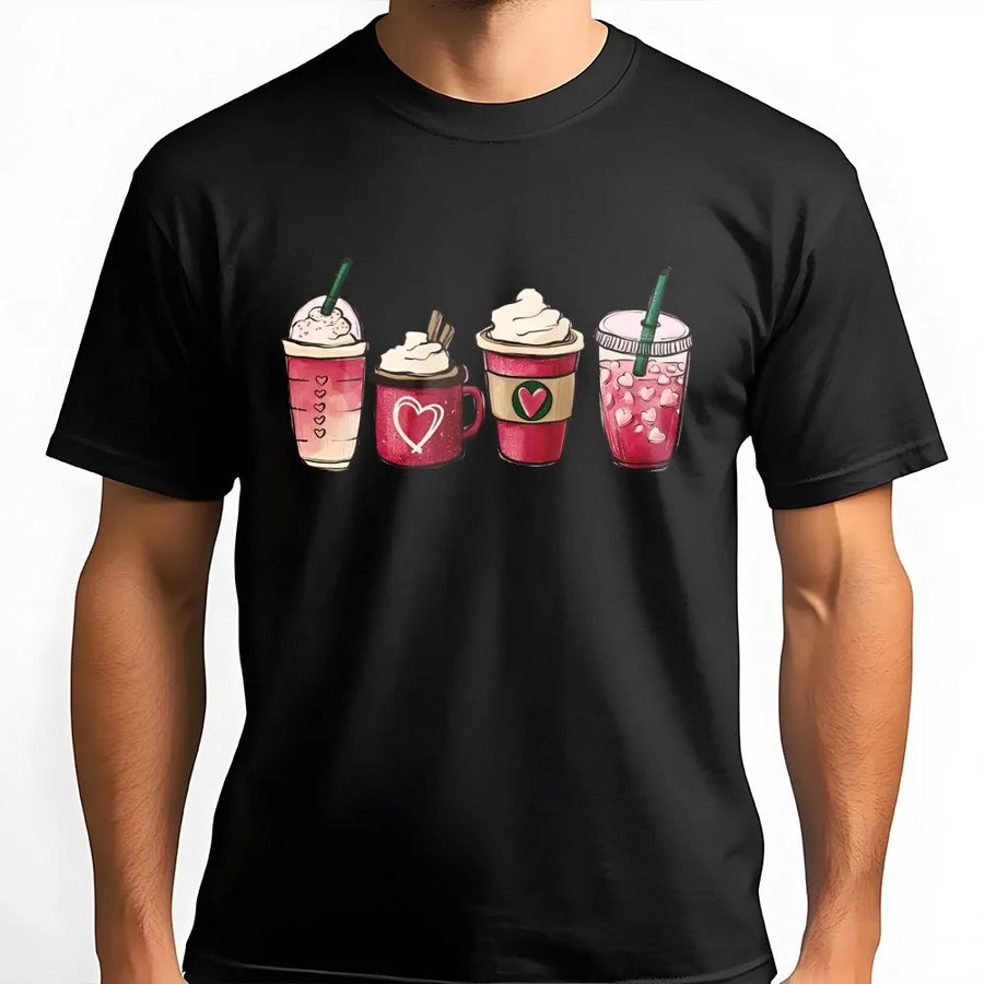 Coffee Valentine T-Shirt | Pink Heart Drink Illustrations | 100% Cotton Premium Tee | Cute Valentine's Day Gift For Coffee Lovers