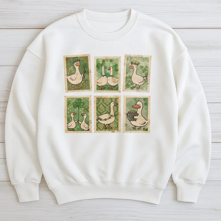 St Patrick’s Day Sweatshirt | Vintage Goose Postage Stamp Graphic | Premium Cotton Blend | Funny Irish Holiday Gift for Her