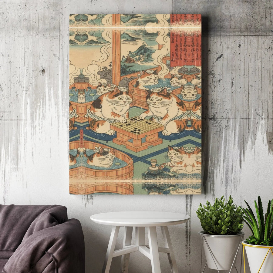 Japanese Cat Art Canvas Print | Ukiyo-e Style Bathhouse Scene | 1.25" Gallery Wrap | Whimsical Animal Wall Decor for Home or Office Gift