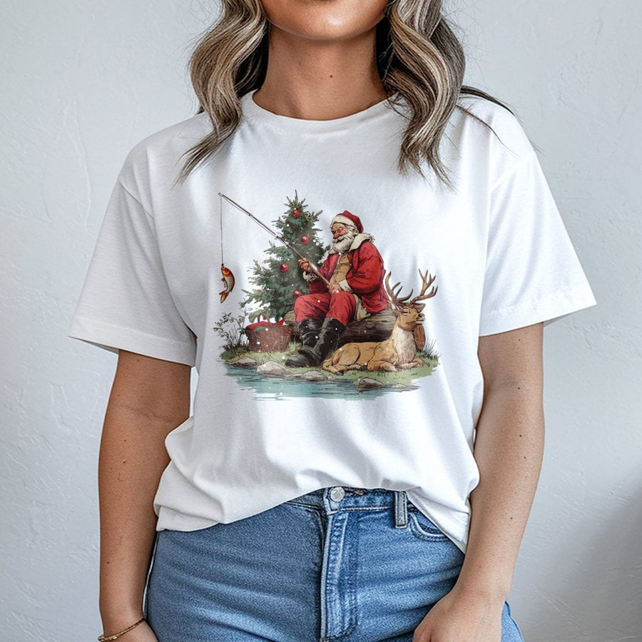 Fishing Santa Christmas T-Shirt | Vintage Outdoorsy Holiday Graphic | Premium Soft Cotton Tee | Funny Fisherman Gift for Him and Her